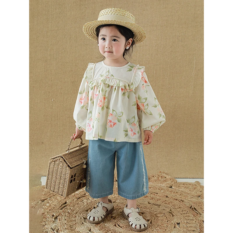 oem kids girls wide-leg jean pants with embroidered side lace trim custom baby denim trousers odm children casual  RTS pants