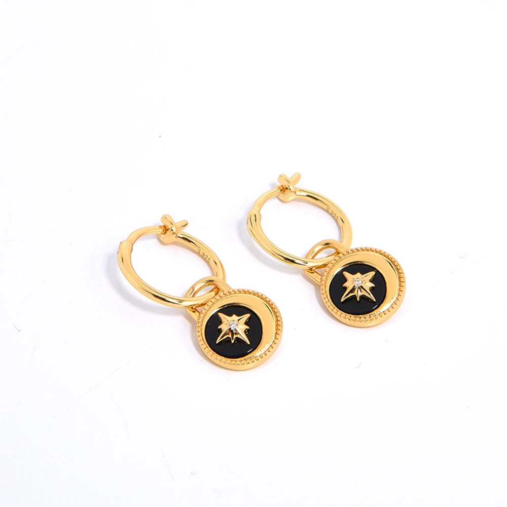 925 Sterling Silver 18K Gold Plated Fashion Jewelry Black Onyx Stone Green Malachite White Shell Gemstone Moon Star Earrings