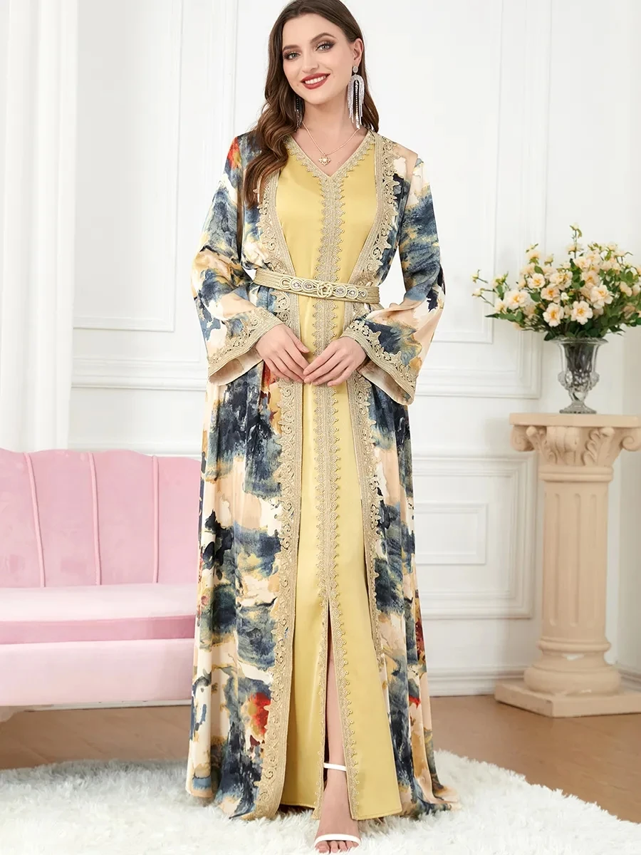 Мусульманский комплект Jalabiya для женщин Ramadan Abaya женское элегантное платье с принтом марокканского кафтана костюм из 2 предметов исламские длинные платья 2023