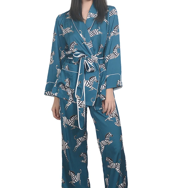 
2020 womens Silk satin sleepwear Set with Robe zebra sleepwear sets printed sleepwear 