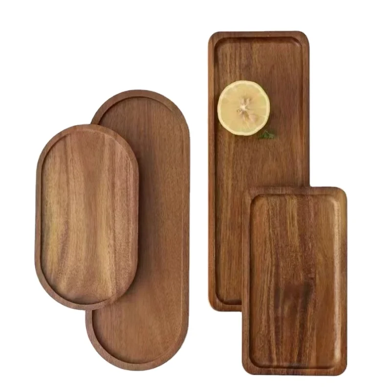 Custom Acacia Wood Rectangular ellipsoid Serving Tray Sustainable Party Dish Plate Dish Stocked Wooden Plates