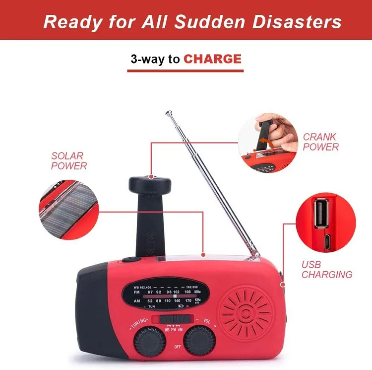 Portable 2000mAh Rechargeable Batteries Emergency Hand Crank Self Powered AM/FM NOAA Solar Weather Radio with LED Flashlight