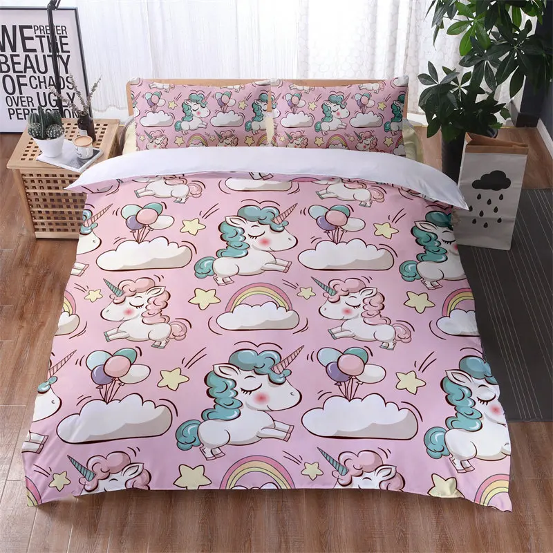 SP152 Printing Cartoon Bedding Kids Girls Cute Unicorn Pattern Duvet Cover 3 Piece Sweet Bed Sets