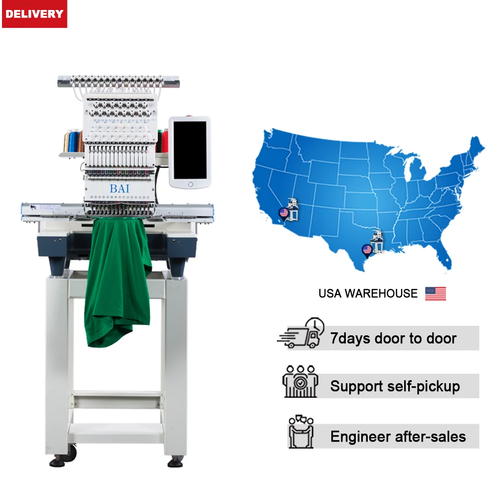 BAI 1200RPM single head Household 12/15 needles hat/cap/tshirt/logo computer embroidery machine for sale