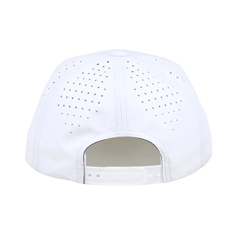 Custom High Quality 7 Panel Laser Cutting Hole Perforated Hat,Red PVC Rubber Patch Logo Snapback Caps