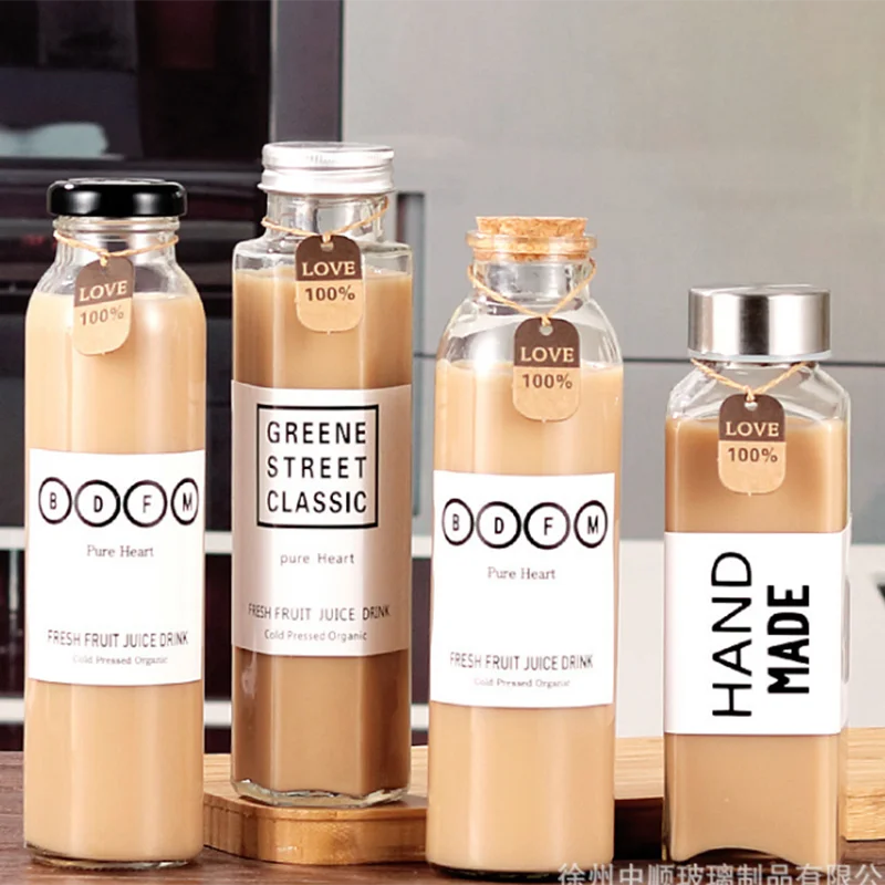 250ml 300ml 350ml 500ml Lid Juicer Bottle Cold Brew Tea Glass Beverage Bottles Transparent Thickened Juice Cup Enzyme Milk Tea