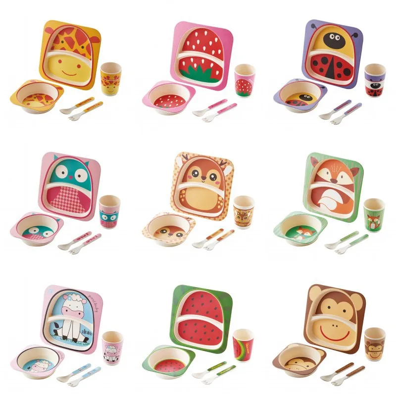 Wholesale 26 Paragraph Cartoon Animal Shape Dinner Baby Plates 5-piece Bamboo Fiber Dinner Plate Divided For Children Set