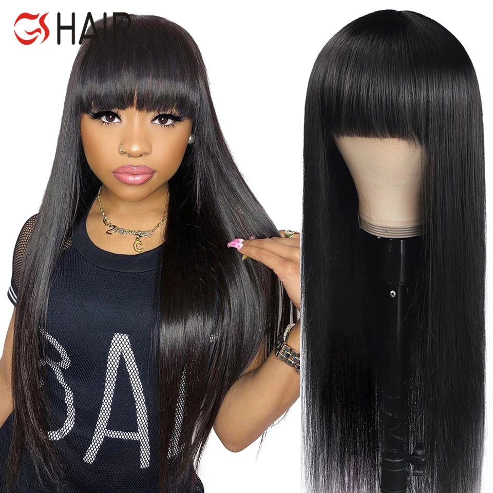 180% Плотность бразильские прямые человеческие волосы парики с челкой Remy полностью машинное изготовление человеческие волосы парики для женщин 10-50 дюймов парик с бахромой