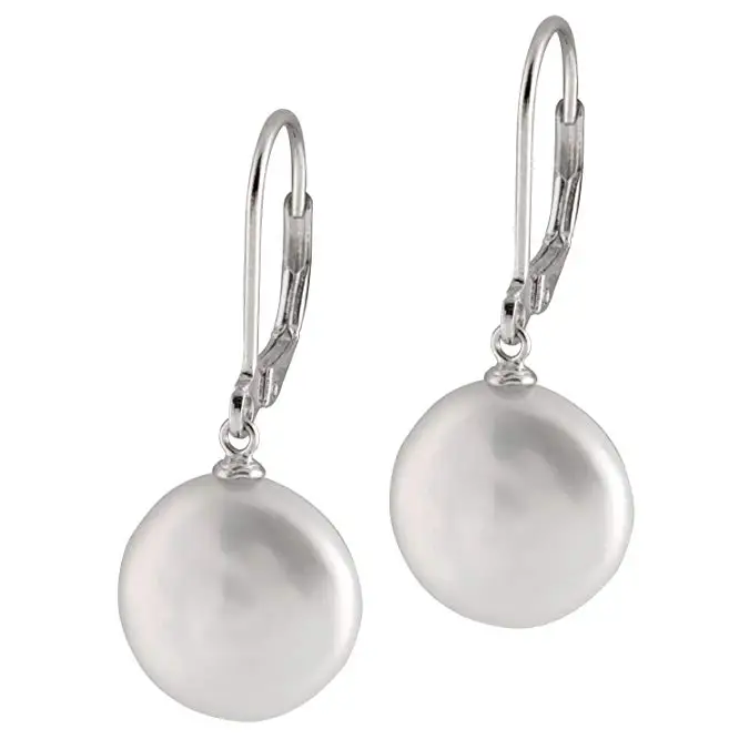 12mm Coin Shape Freshwater Cultured Pearls in 925 Sterling Silver Lever-back Dangle Earrings for Women