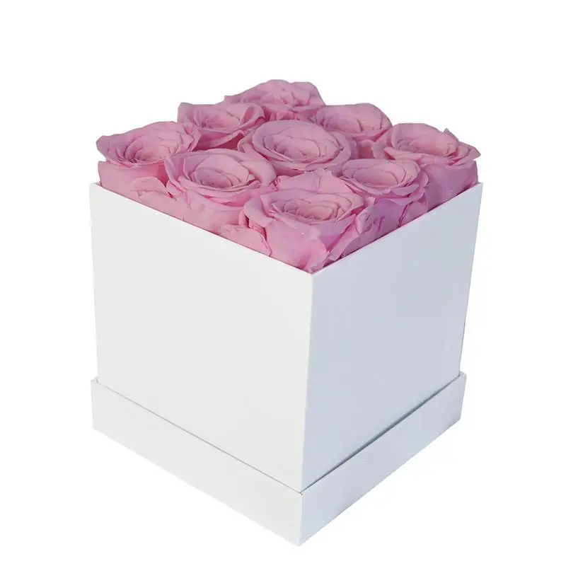 High Quality Square Hug Bucket Natural 9-heads Preserved Rose Flower Box for Christmas Gift for Girl Friend or Mom