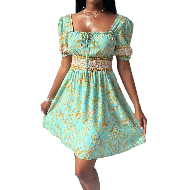 Wholesale Ladies Fashion Dresses Puff Sleeve Square Neck Tied Front Short Pleated A-line Smocked Girls Dress