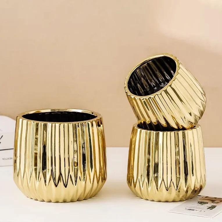 Unique Design Luxury Home Balcony Decoration Succulent Planter Stripe Gold Ceramic Flower Plant Pots