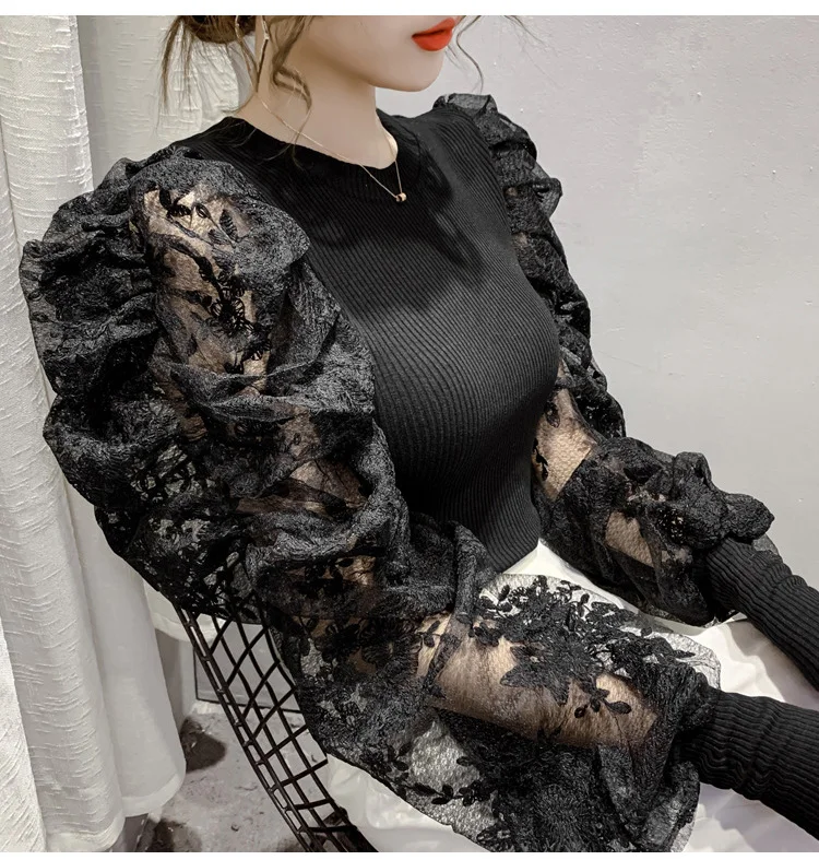 2021 New Design Fall Lace Puff Sleeve Slim Tops For Women Long Sleeve Ladies Blouses
