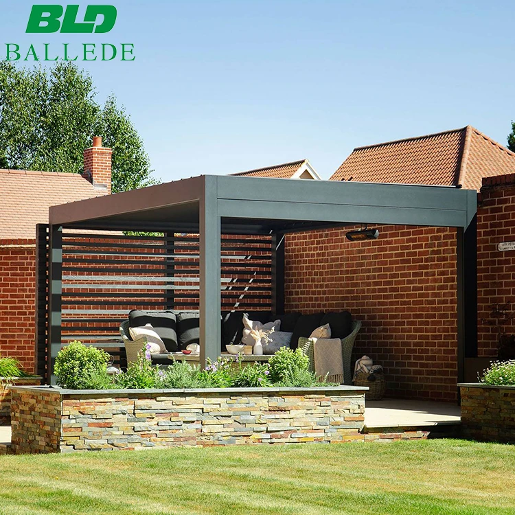 Weatherproof House Pergola Motorized Opening Louvered Roof with Outdoor Fireplace and Fan