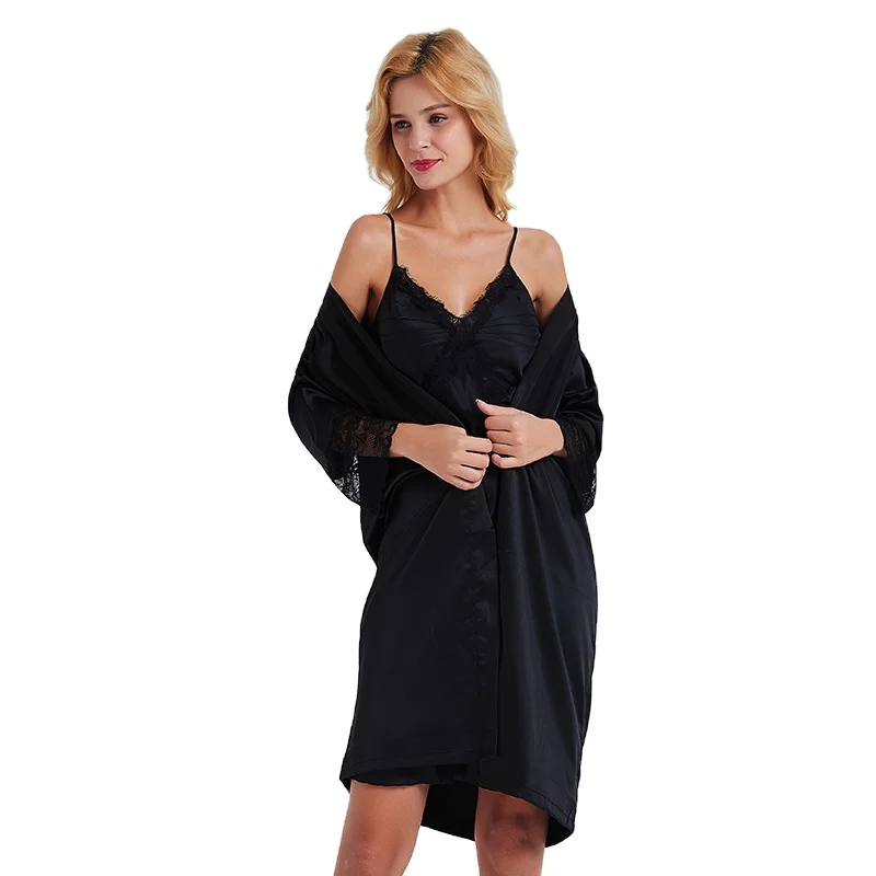 Black Lace Satin 2 Pieces Luxury Straps Sleep Dress Plain Skin Friendly Bath Robe