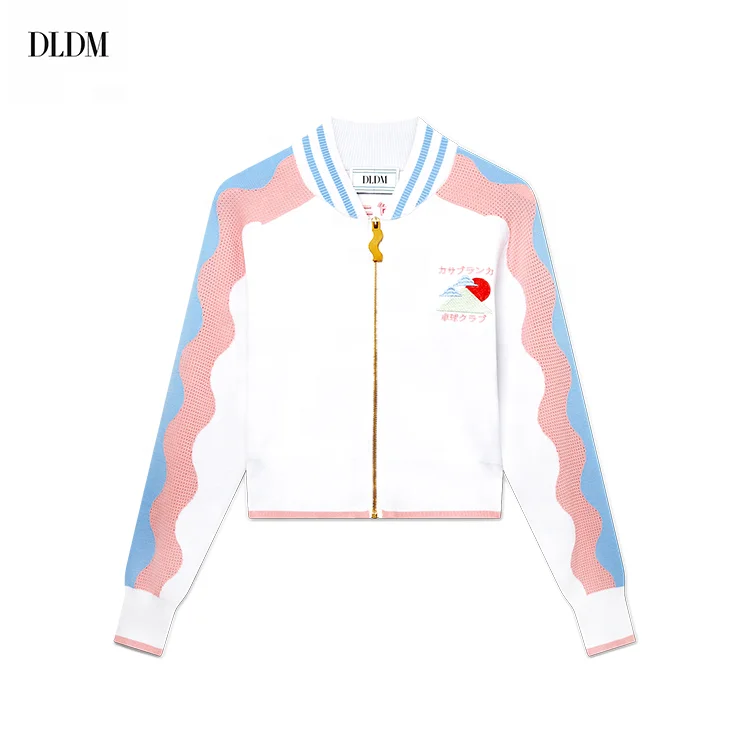 DLDM OEM&ODM Custom Design Gradient Pastel Waves Zipper Fuji Mountain Knit Print Embroidery Jacket Cardigan Hombre Sweater Men