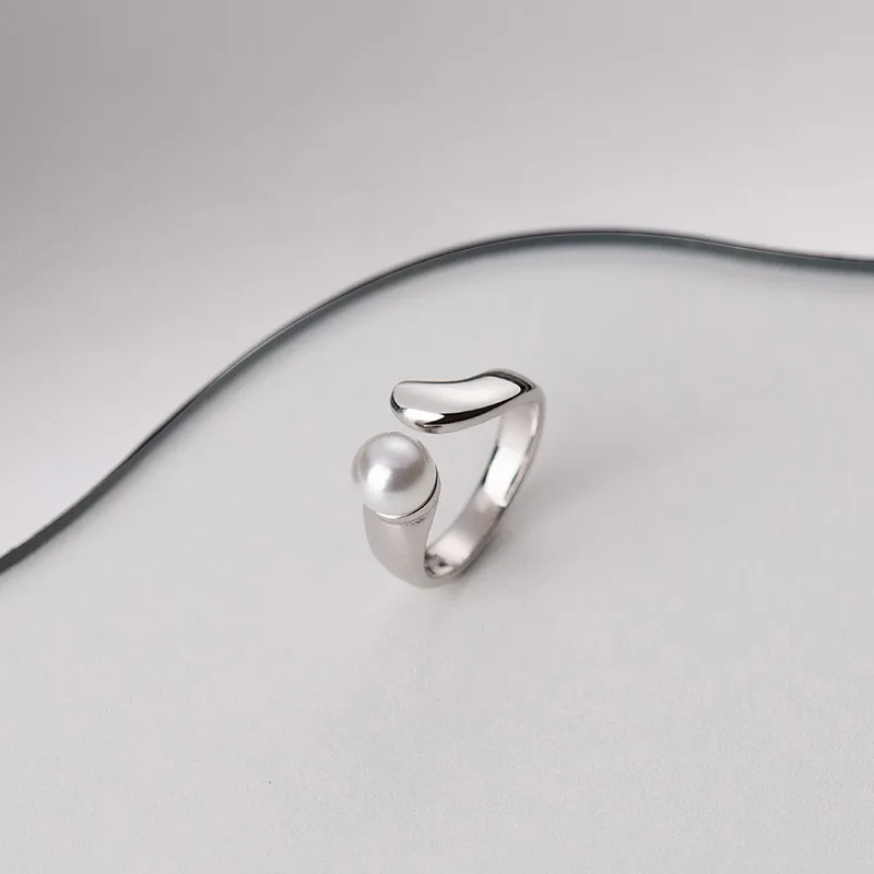 Classic Trendy 925 Sterling Silver Pearl Open Ring Creative Design Geometric Adjustable Finger Rings Gold Plated Jewelry