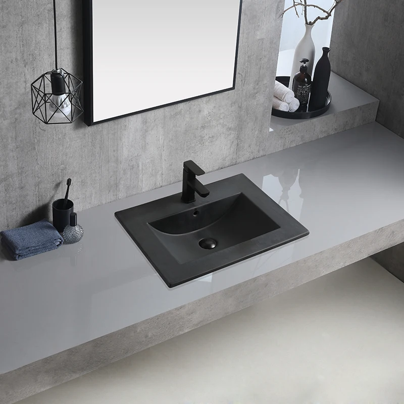 Luxury Modern Design Matte Black Bathroom Vanity Sink One Piece Thin Edge Porcelain Cabinet Square/Rectangular Hand Wash Basin