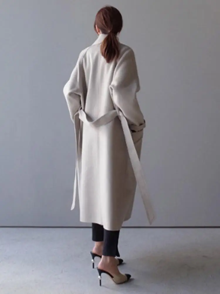
Women Wide Lapel Belt Pocket Wool Blend Coat Oversize Long Trench Coat Outwear Wool Coat Women 