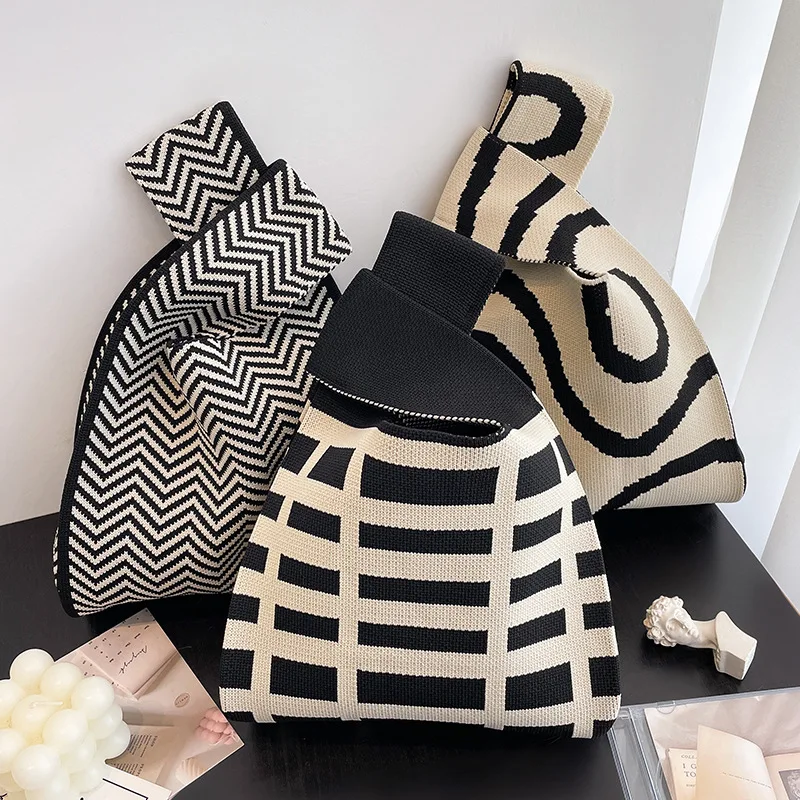 Striped Pattern Knitting Fabric Handbag Chequer Design Eco Small Shopping Bag Wool Crochet Tote Hand Bags For Women