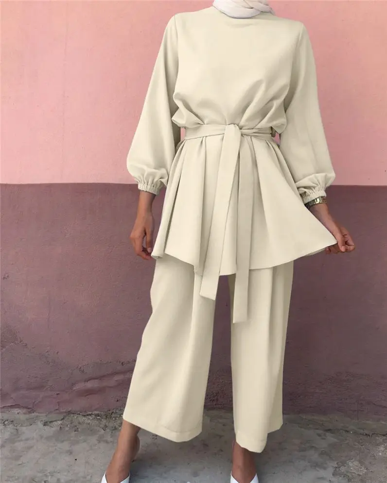 New Trendy Solid Tunic Pant Suit Muslim Women Clothing Tunics