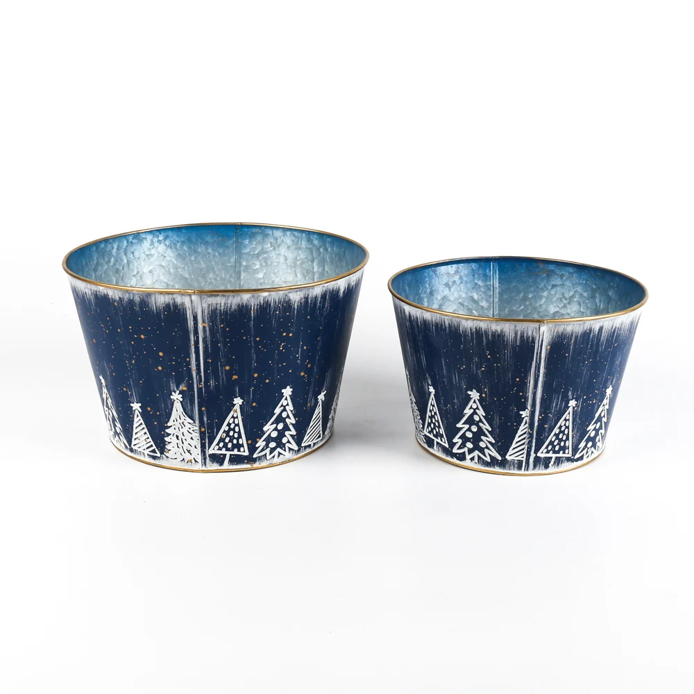 Factory Newest Bulk Sale Christmas Outdoor Decoration Blue Christmas Tree Iron Flower Pot  container  packing/giftpacking
