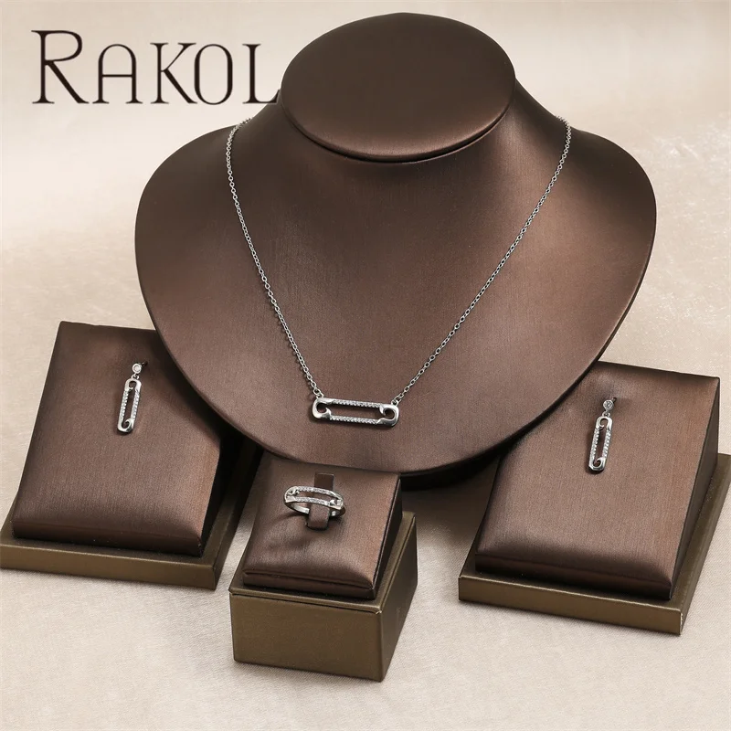 Rakol SP3452 Simple Paper Clip With Zircon Pendant Necklaces Earrings Set Elegant Gold Plated Jewelry Set For Women