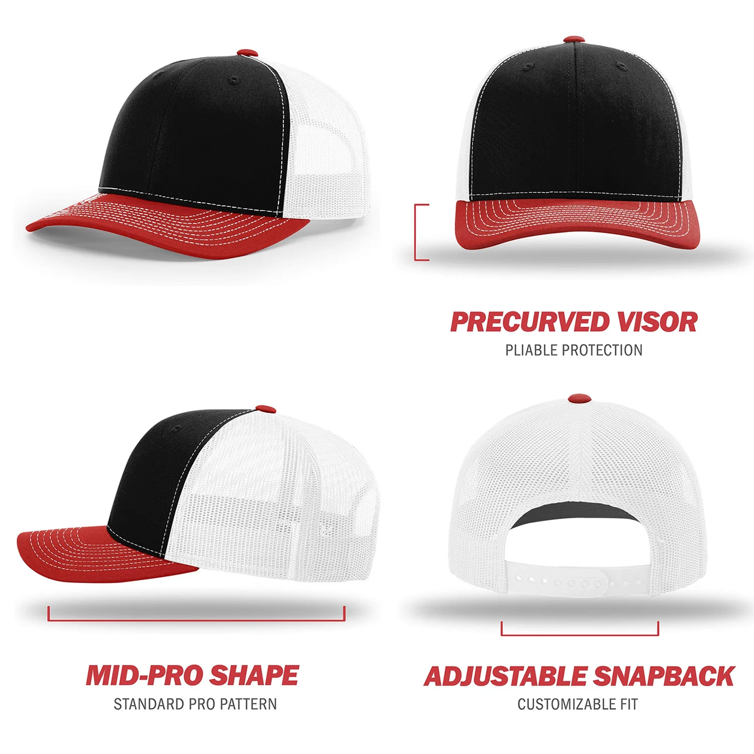 Custom Embroidery Leather Patch Fitted Baseball Caps Camo Trucker Hat Richardson 168 7-Panel Flat-Bill Trucker Hat