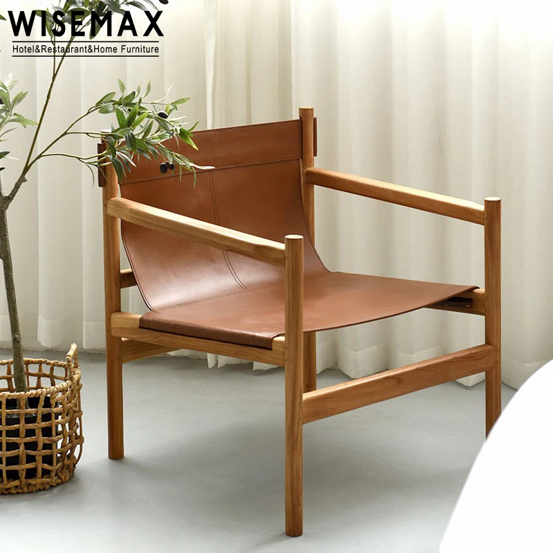 WISEMAX FURNITURE Indonesia imported lounge chair living room furniture balcony solid wood frame leather lounge chair for home