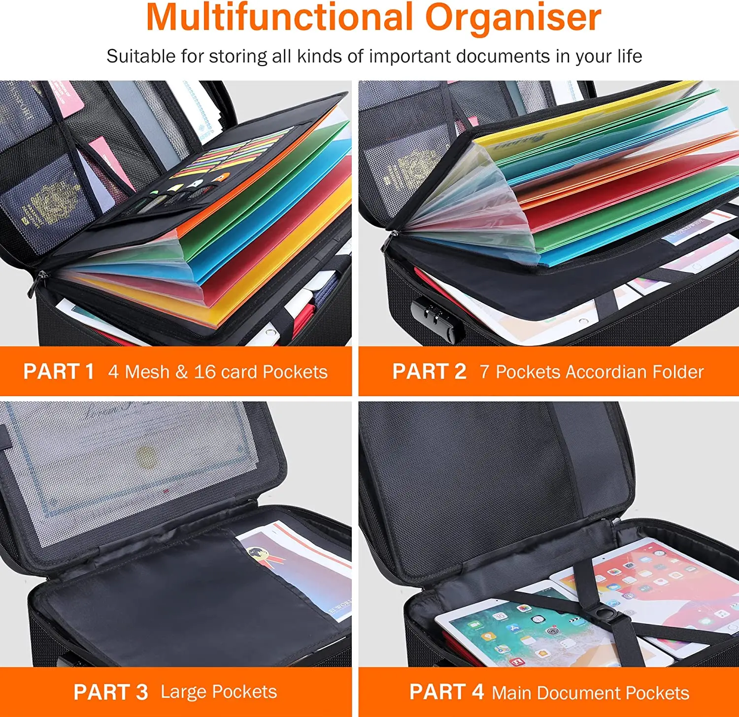 Large Office & Home Storage Box with Safety Zipper Closure Waterproof and Fireproof Nylon File Bag with Lock Case Type
