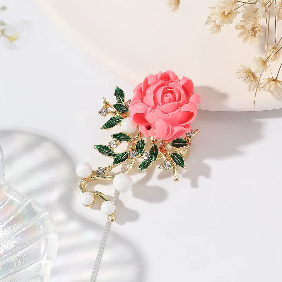 Chinese Style Luxury Pin Personality temperament Drop Oil leaf set diamond pearl Peony brooch Banquet jewelry for women