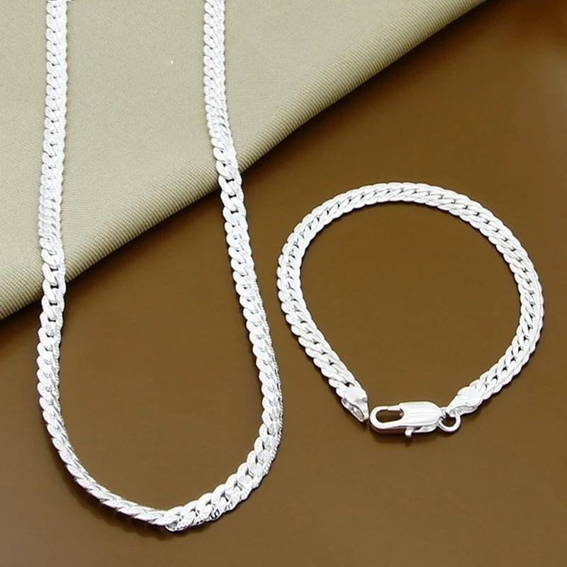 2 Piece 6MM Full Sideways 925 Sterling Silver Necklace Bracelet Fashion Jewelry For Women Men Link Chain Sets Wedding Gift