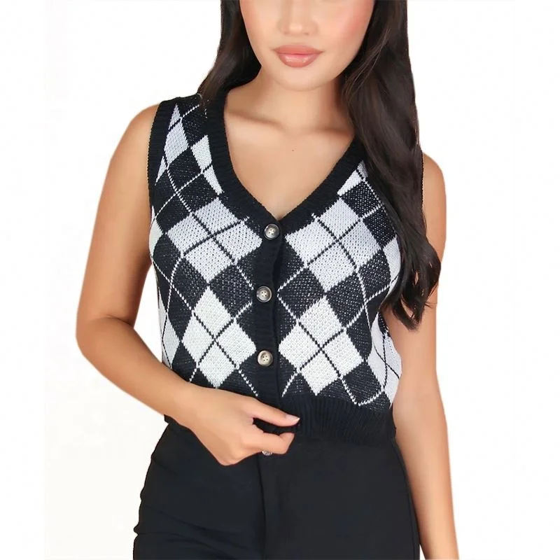 2024 SS Wholesale Customized Knitwear Checker Knit Cotton Sweaters V Neck Color Block Women Sweater Vest Cardigan