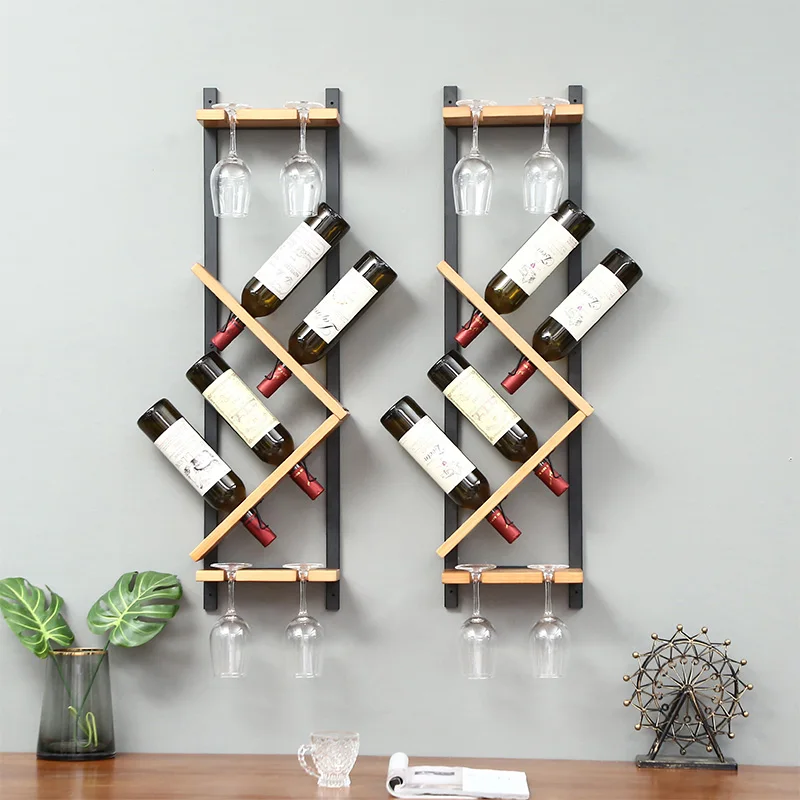 Home Decor Wooden Wall Glass Organizer Shelves Wall-mounted Wine Display Racks Metal Wine Rack