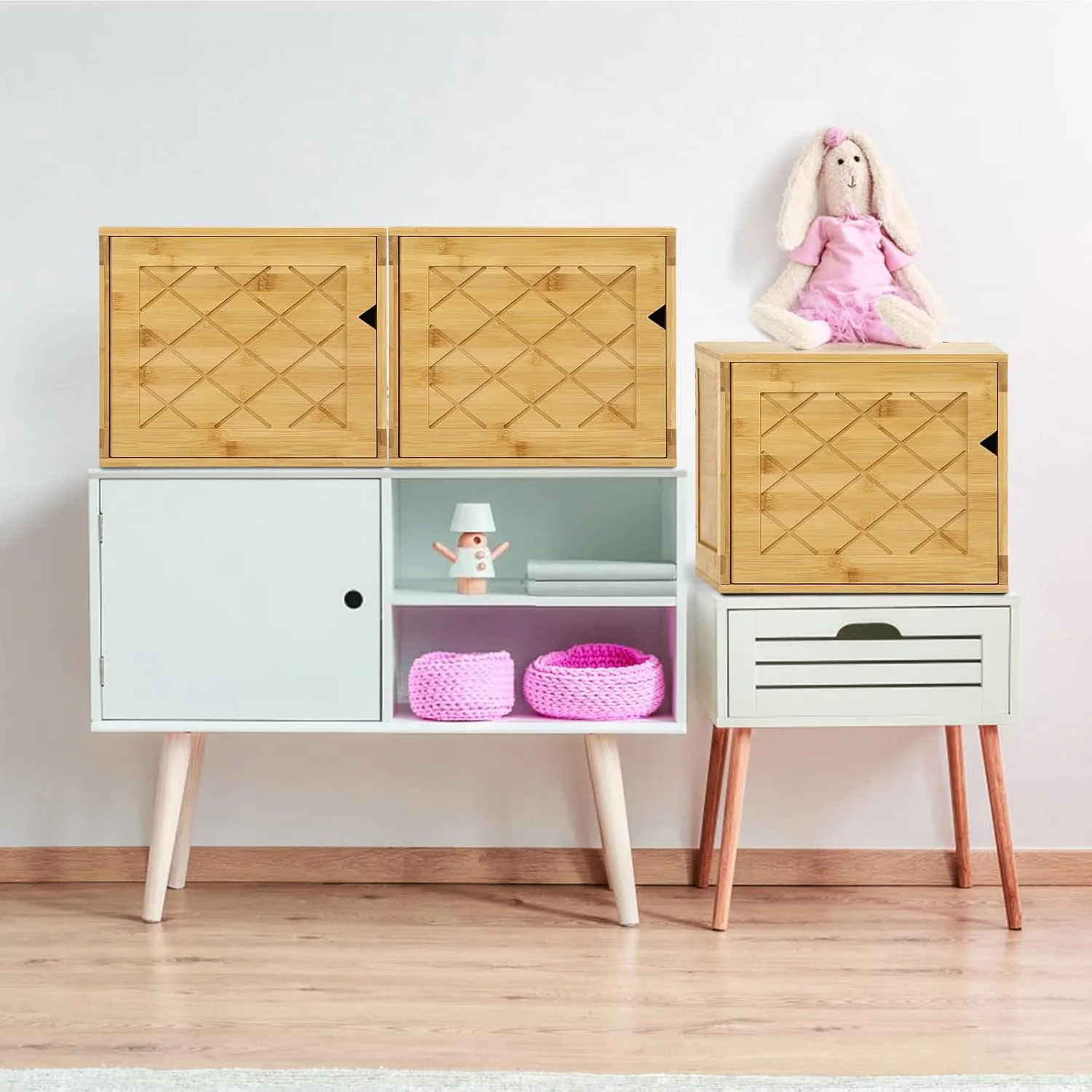 Bamboo Cube Bookshelf Stackable Connect Storage Cube Cubby Organizer with Door Wood storage box