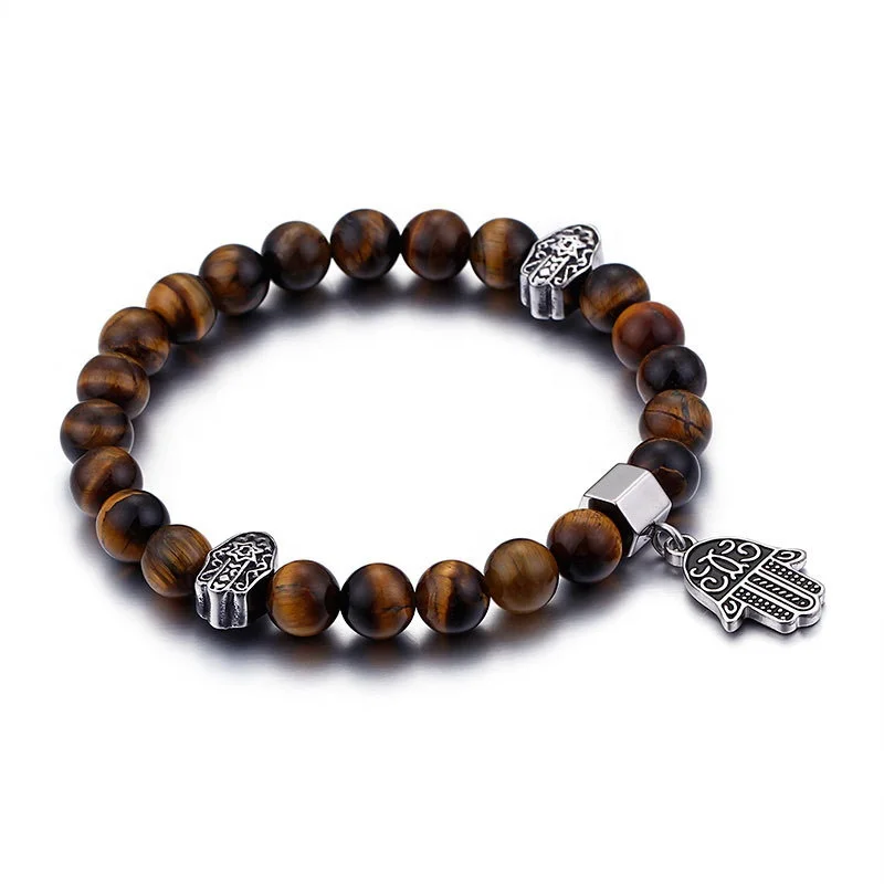 Vintage Stainless Steel the Hand of Fatima Hamsa Charms Natural Stone tiger Eye Beaded Bracelet Jewelry Wholesale for