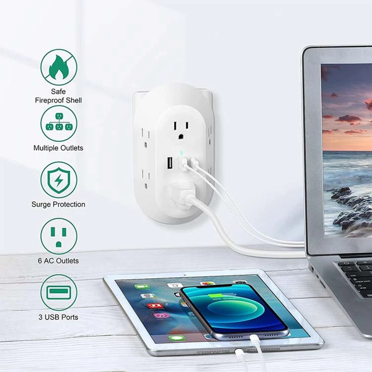 3 Usb 1 Tpye-c Wall Fast Charger 6 Ac Socket Surge Protector Power Board Outlet Extender