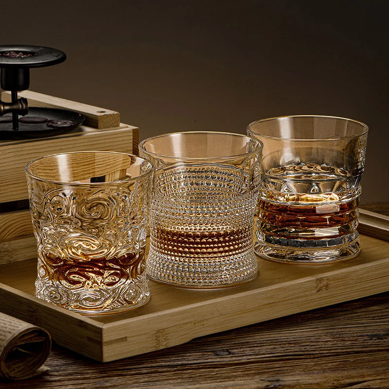 300ml European Custom Lead Free Crystal rock snifter Whiskey Embossed Glasses for Bar Party