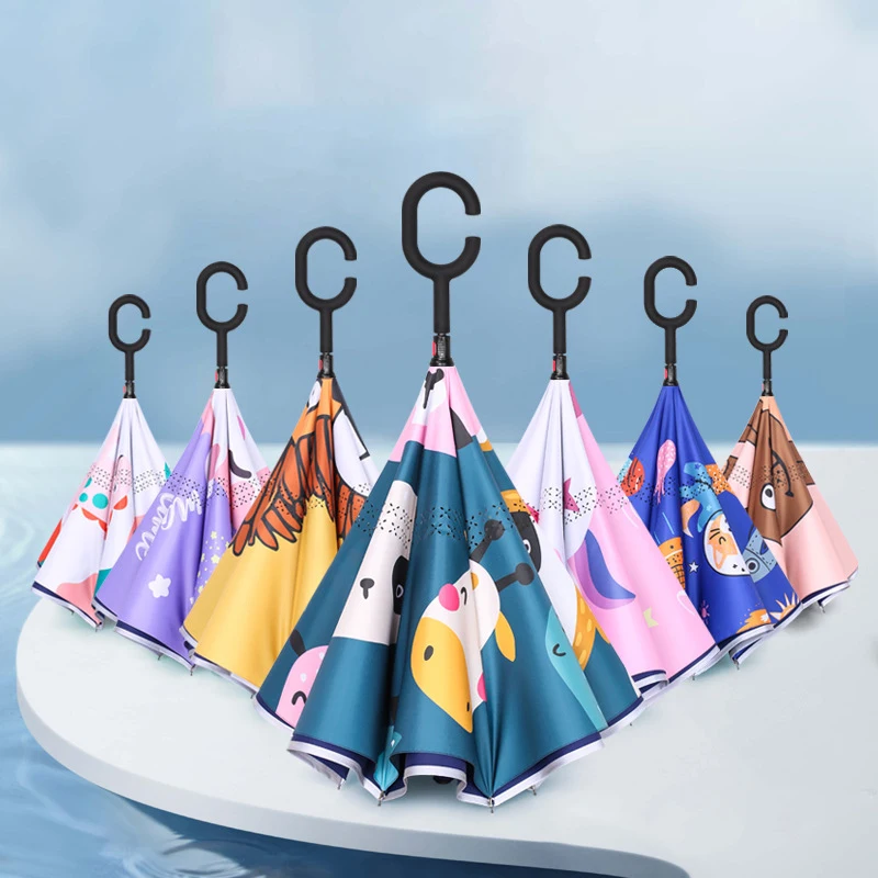 ZD069 Multifunctional Double Layer Inverted Umbrella Cartoon Car Straight Umbrella C Shaped Handle Children Reverse Umbrella