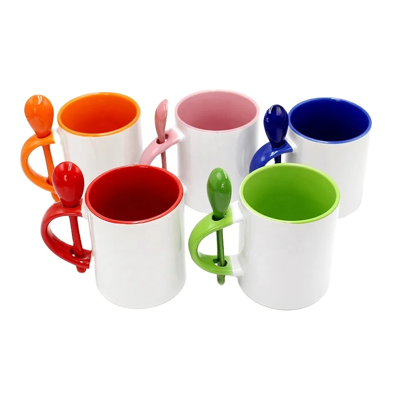 Customized 11 oz High Quality Inner Color Coffee Cup Drinking Coated Spoon Handle Sublimation Ceramic mug