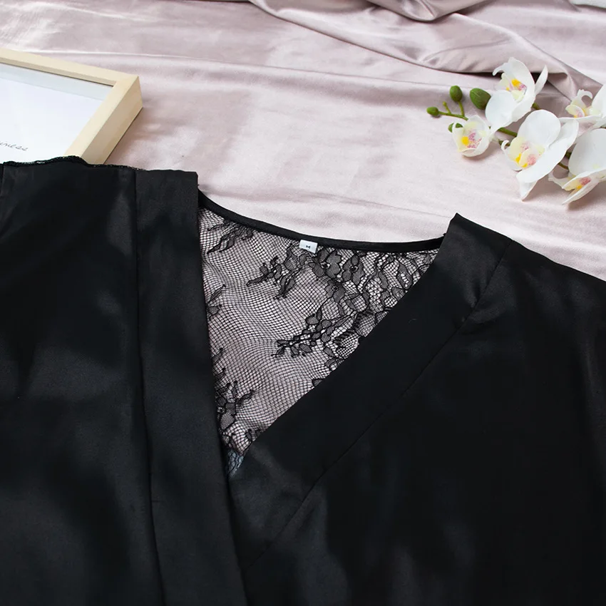
Sexy Womens Lingerie Silky Satin Nighty Robes Black Wrap Nightgowns Ladies One Piece Pajamas Winter Plus Size Summer Breathable 