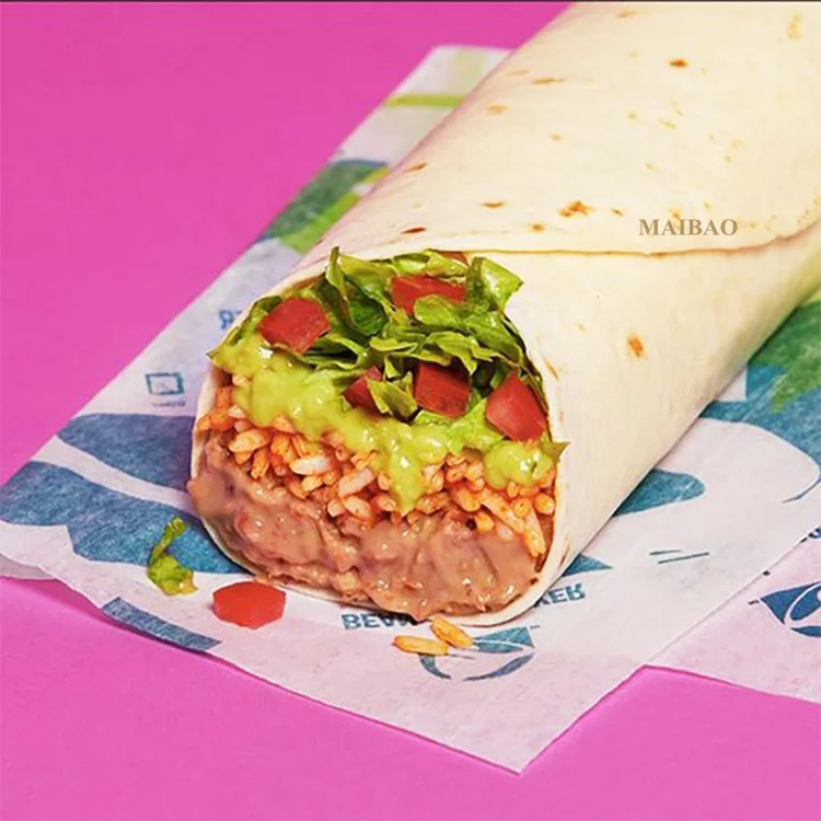 Wholesale wax coated food greaseproof paper sheet pita chicken burrito wrapping paper custom printed mexican taco wrapping paper