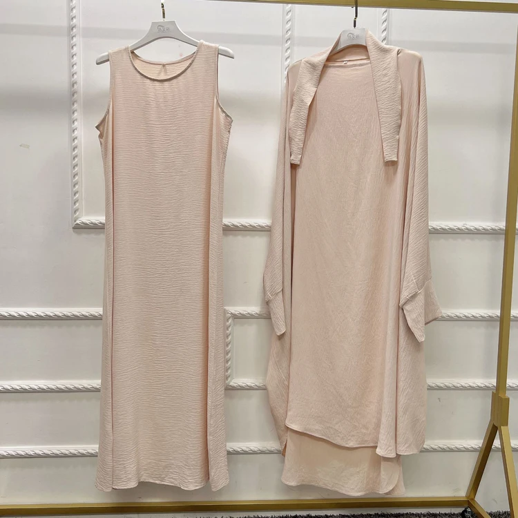 Dubai Jazz Crepe Long Sleeve Khimar Dress Jilbab Two Piece Set Islamic Muslim Women Turkey Middle East Solid Prayer Robe Caftan