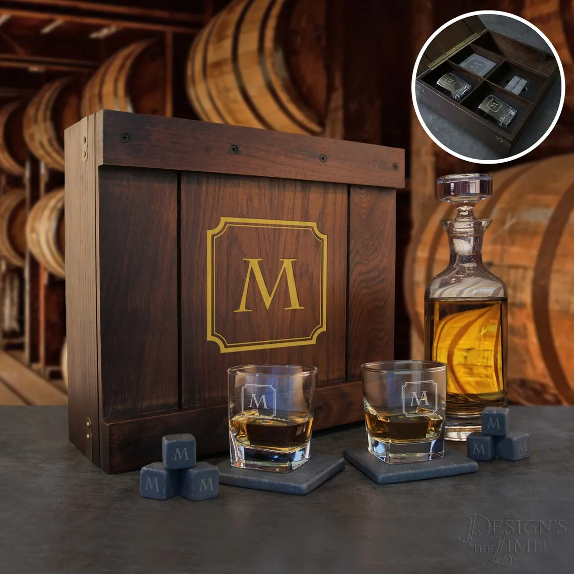 Personalized Gift Set including Wood Case/ Rocks Tumblers/Stone Coasters