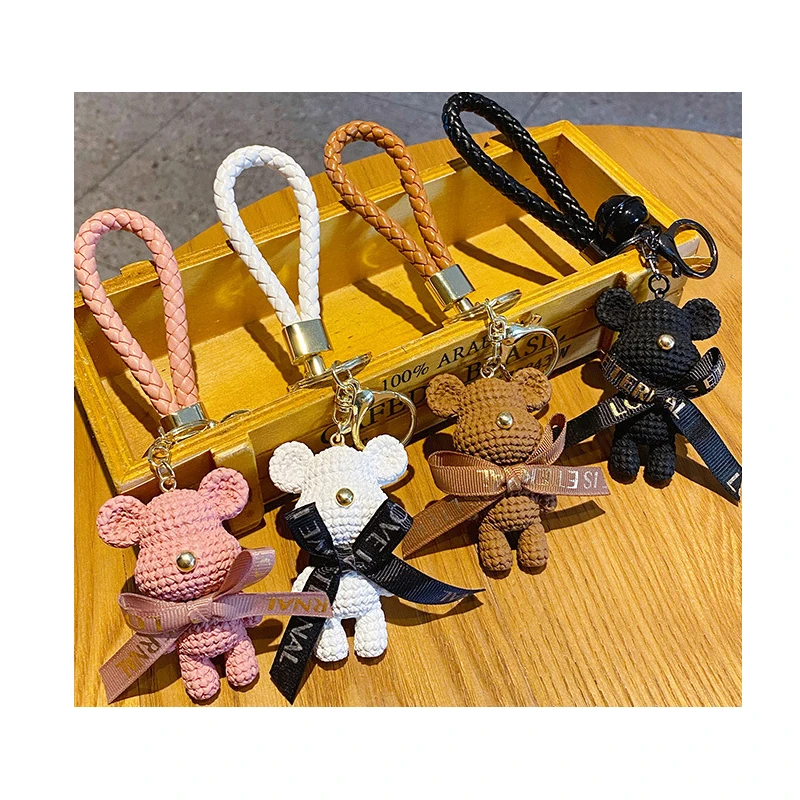 Wholesale new trendy designer lovely bear car key chain pendant luxury cartoon cute crochet teddy bear keychain for girls