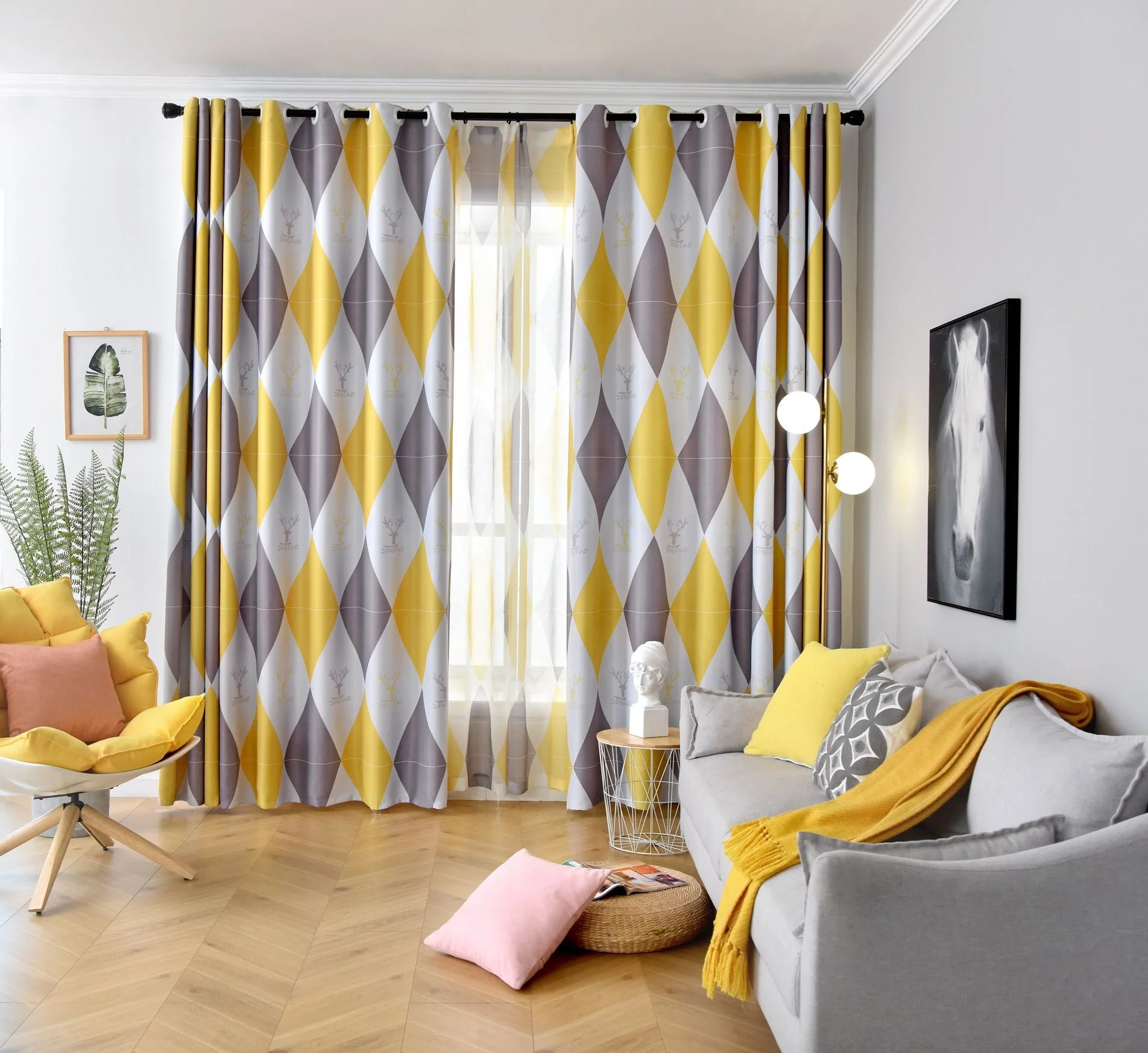 
Modern Nordic Simplicity Yellow Geometric Printed Curtain Living Room Bedroom Home Decoration Polyester Window Curtains 