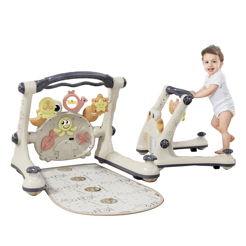 2024 new 4 in 1 OEM pink grey 3 in 1 baby walkers for toddlers folding sit to stand walker with Piano pattern