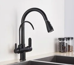 Black stainless steel three functions hot and cold drinking faucet tap pull out kitchen sink faucet
