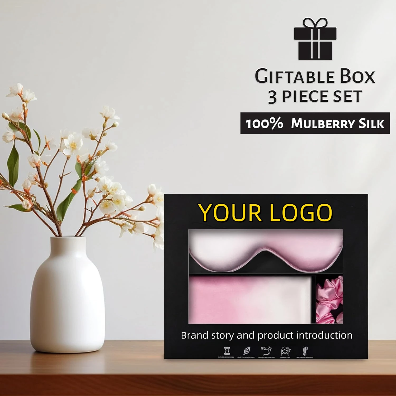 Custom silk gift set box pure silk eye mask scrunchies pillowcase 3 pieces 100% mulberry silk pillow case set for sleeping