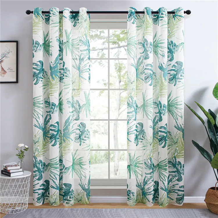 Good Quality Factory Directly Classic Bamboo Green  Leaves Polyester  Printed Living Room Sheer Curtain//